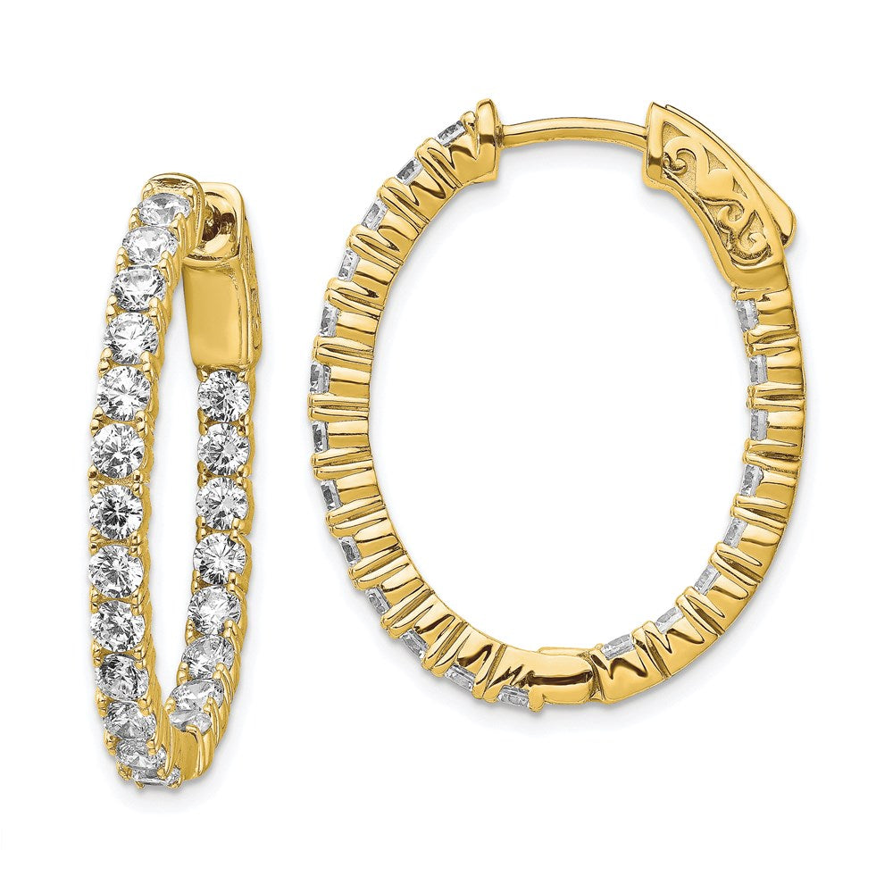 Sterling Silver Shimmer Gold-Tone Flash Gold-Plated 42 Stone 2.5mm Cz In And Out Oval Hinged Hoop Earrings