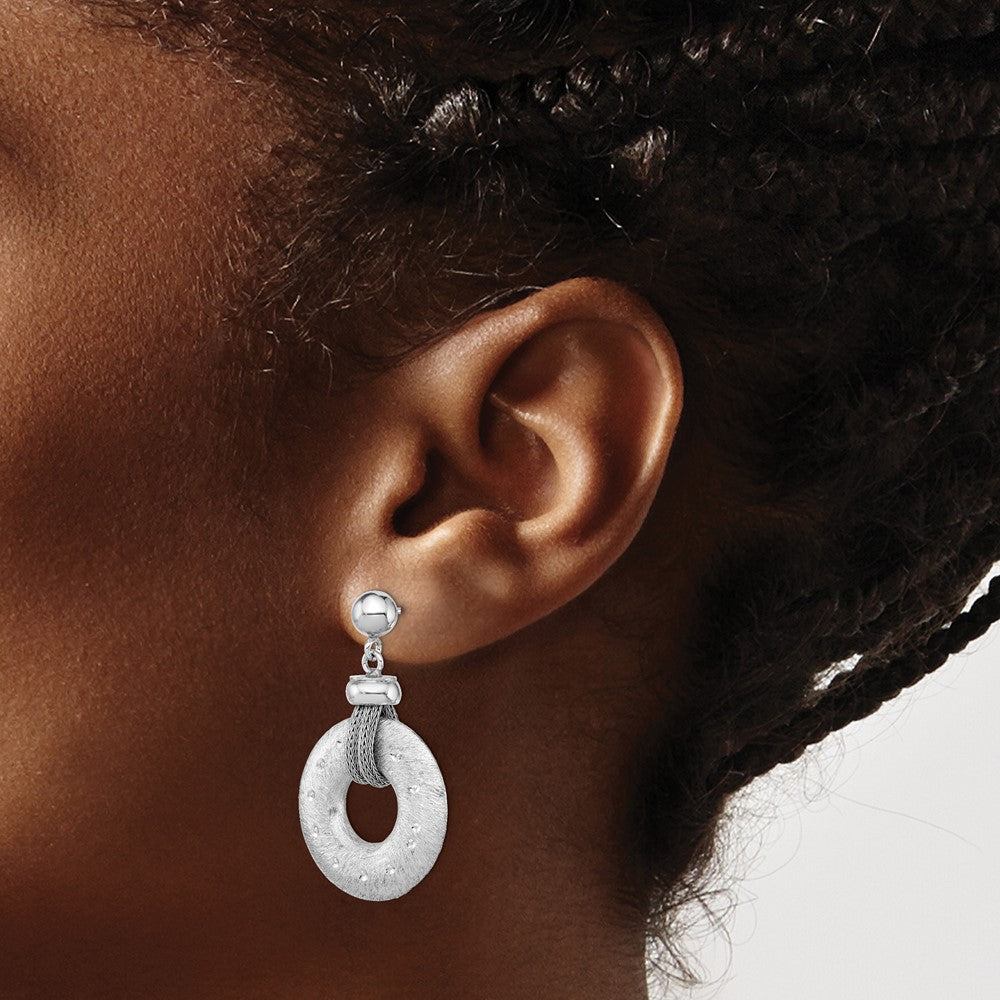 Sterling Silver Rhod-Plated Polished Brushed & D/C Circle Post Dangle Earri