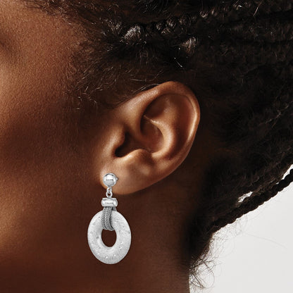 Sterling Silver Rhod-Plated Polished Brushed & D/C Circle Post Dangle Earri