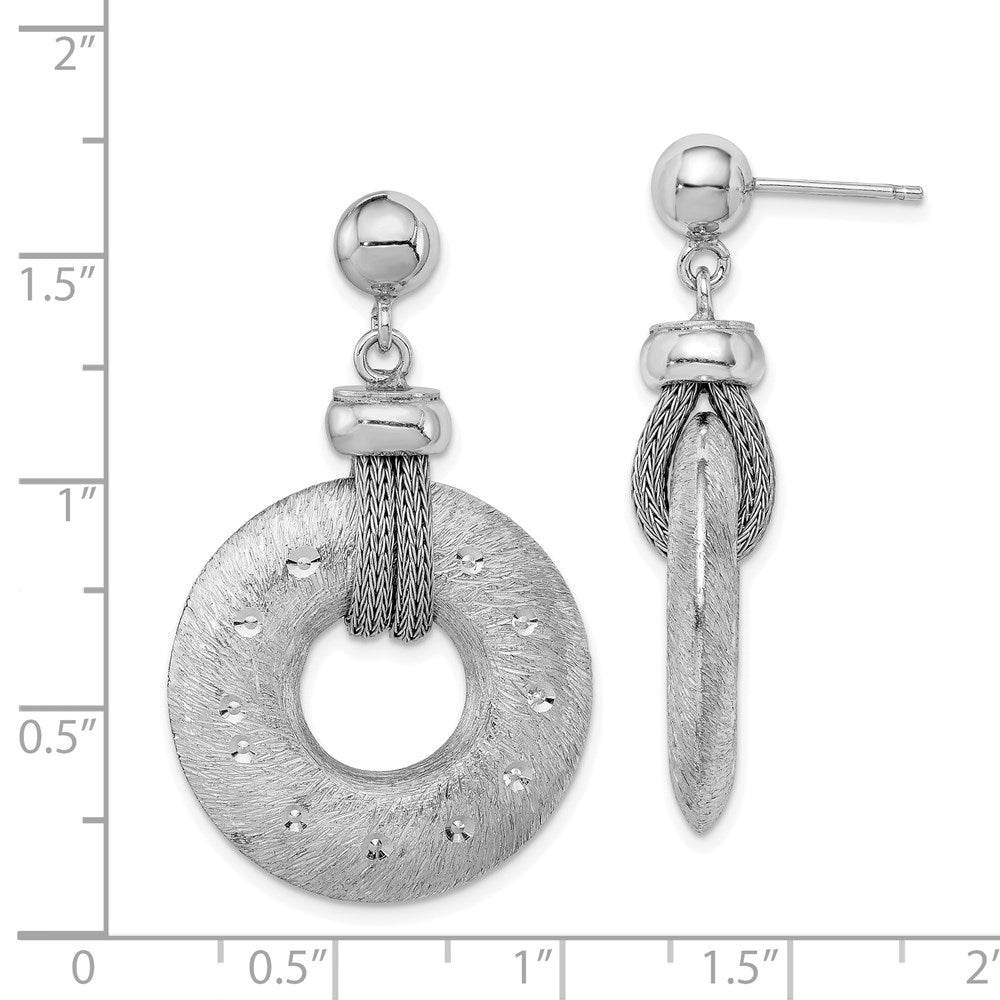 Sterling Silver Rhod-Plated Polished Brushed & D/C Circle Post Dangle Earri
