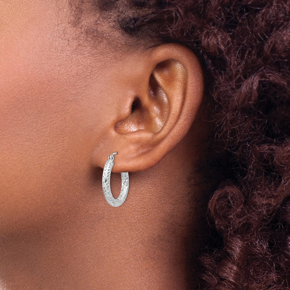 Sterling Silver Rhodium-Plated D/C 3X20mm Hoop Earrings