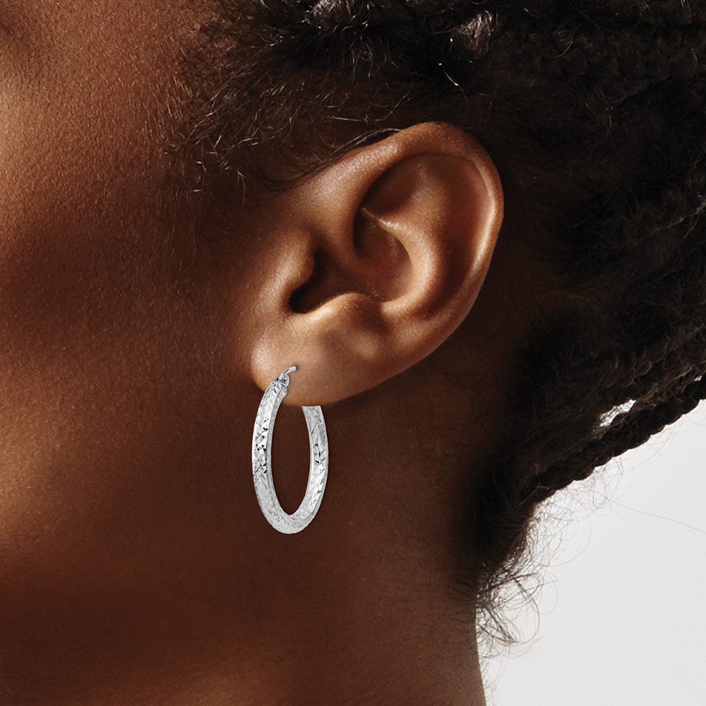 Sterling Silver Rhodium-Plated D/C 3X25mm Hoop Earrings