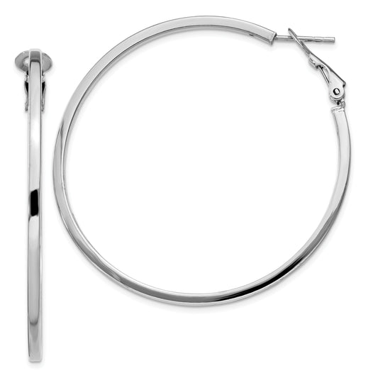 Sterling Silver Rh-Plated 2X50mm Omega Back Round Hoop Earrings