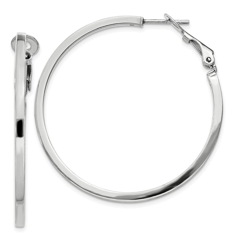 Sterling Silver Rh-Plated 2X40mm Omega Back Round Hoop Earrings