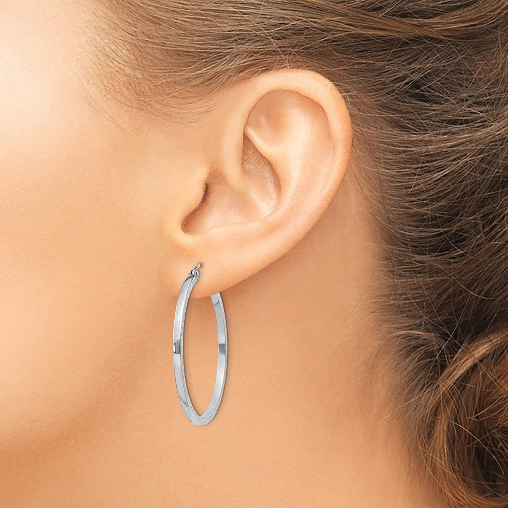 Sterling Silver Rhodium-Plated Diamond-Cut 2X35mm Square Tube Hoop Earrings