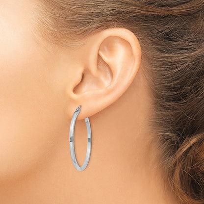 Sterling Silver Rhodium-Plated Diamond-Cut 2X35mm Square Tube Hoop Earrings