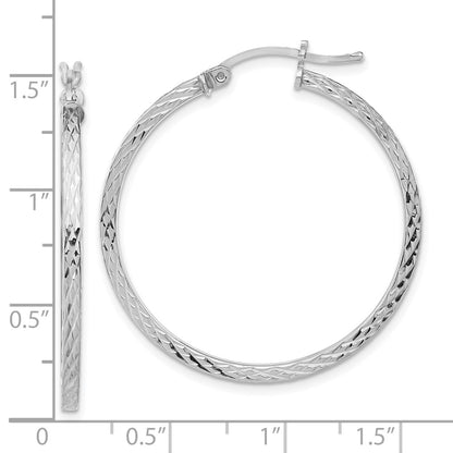 Sterling Silver Rhodium-Plated Diamond-Cut 2X35mm Square Tube Hoop Earrings