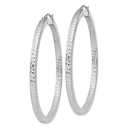 Sterling Silver Rhodium-Plated Diamond-Cut 3X55mm Square Tube Hoop Earrings