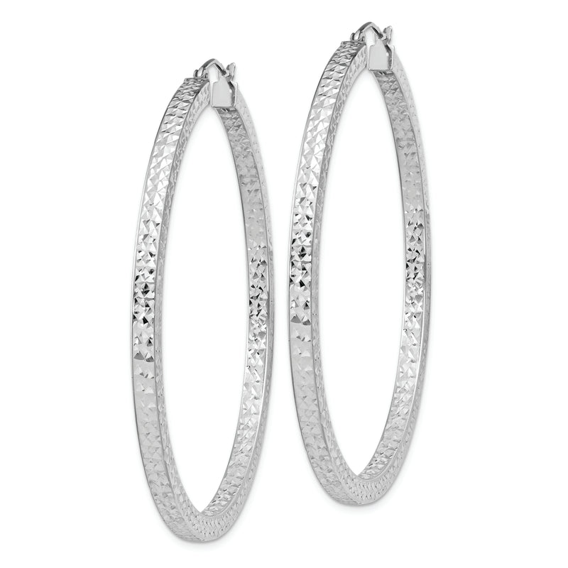 Sterling Silver Rhodium-Plated Diamond-Cut 3X55mm Square Tube Hoop Earrings