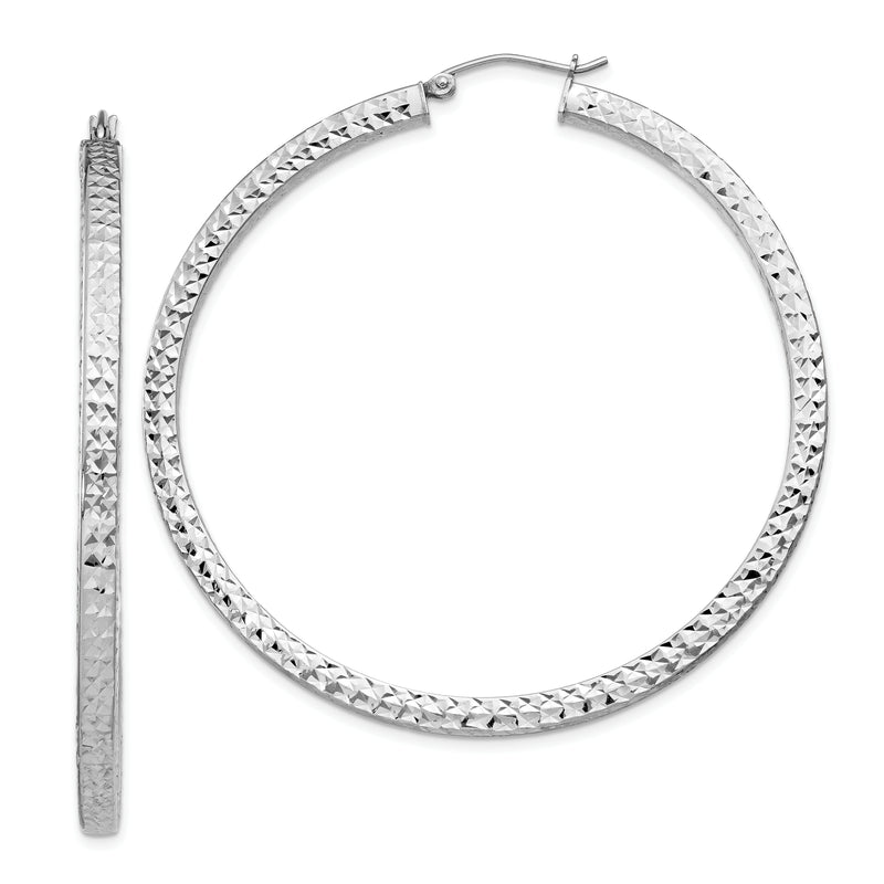 Sterling Silver Rhodium-Plated Diamond-Cut 3X55mm Square Tube Hoop Earrings