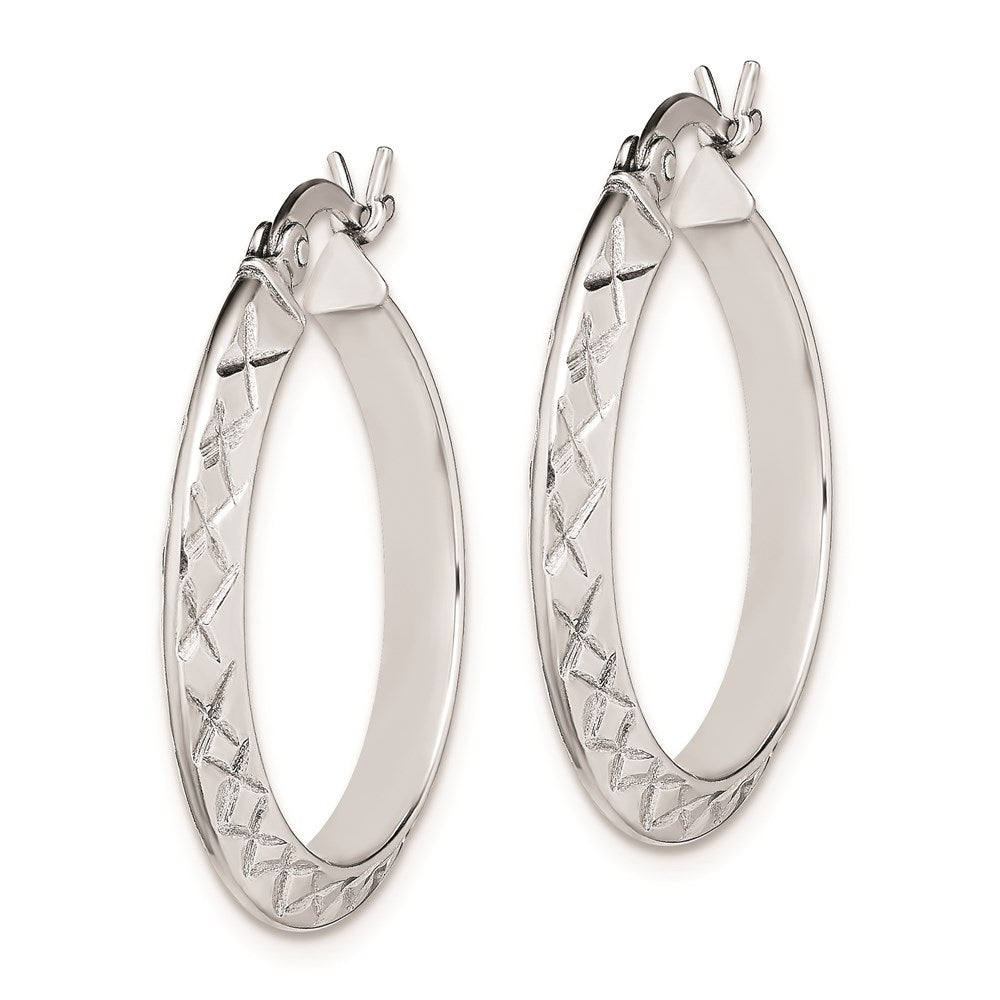 Sterling Silver Rh-Plated D/C Knife Edge 3mm Round Hoop Earrings