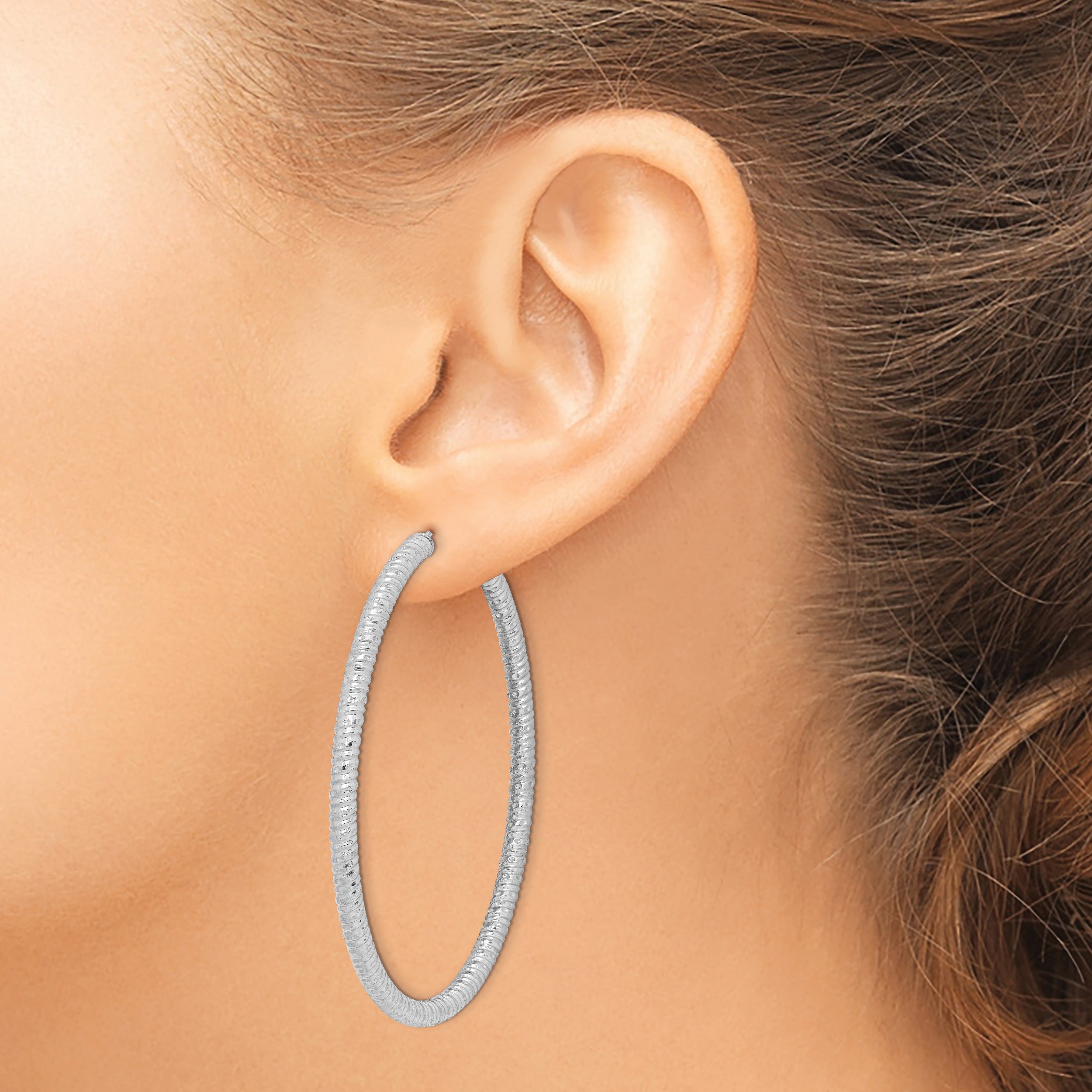 Sterling Silver Rhod-Plated 3.25X60mm Omega Back Hoop Earrings