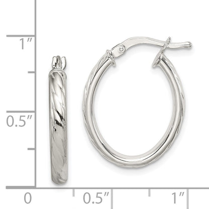 Sterling Silver Rhod-Plated Textured 3mm Hollow Oval Hoop Earrings