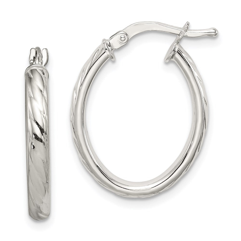 Sterling Silver Rhod-Plated Textured 3mm Hollow Oval Hoop Earrings