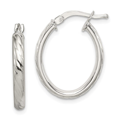 Sterling Silver Rhod-Plated Textured 3mm Hollow Oval Hoop Earrings