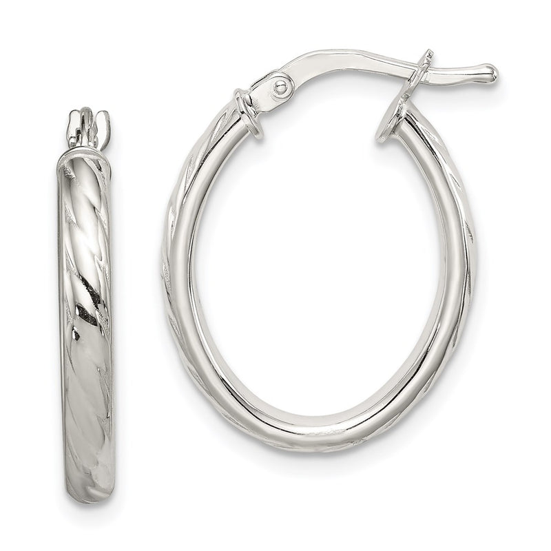 Sterling Silver Rhod-Plated Textured 3mm Hollow Oval Hoop Earrings