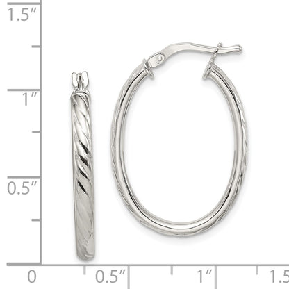 Sterling Silver Rhod-Plated Textured 3mm Hollow Oval Hoop Earrings