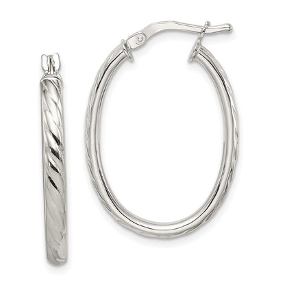 Sterling Silver Rhod-Plated Textured 3mm Hollow Oval Hoop Earrings