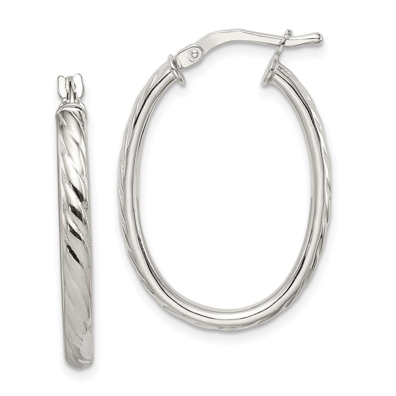 Sterling Silver Rhod-Plated Textured 3mm Hollow Oval Hoop Earrings