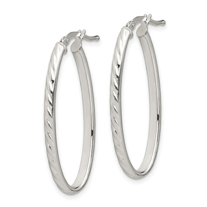 Sterling Silver Rhod-Plated Textured 3mm Hollow Oval Hoop Earrings