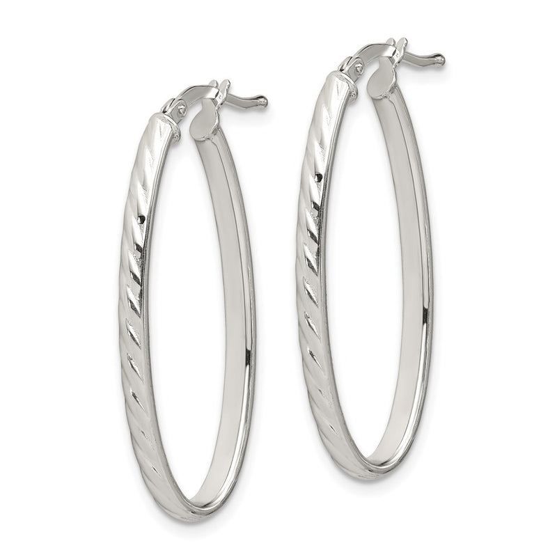 Sterling Silver Rhod-Plated Textured 3mm Hollow Oval Hoop Earrings