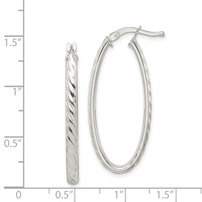 Sterling Silver Rhod-Plated Textured 3mm Hollow Oval Hoop Earrings