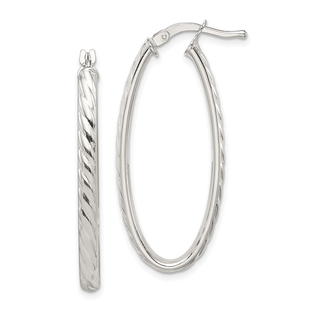 Sterling Silver Rhod-Plated Textured 3mm Hollow Oval Hoop Earrings