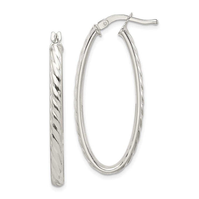 Sterling Silver Rhod-Plated Textured 3mm Hollow Oval Hoop Earrings