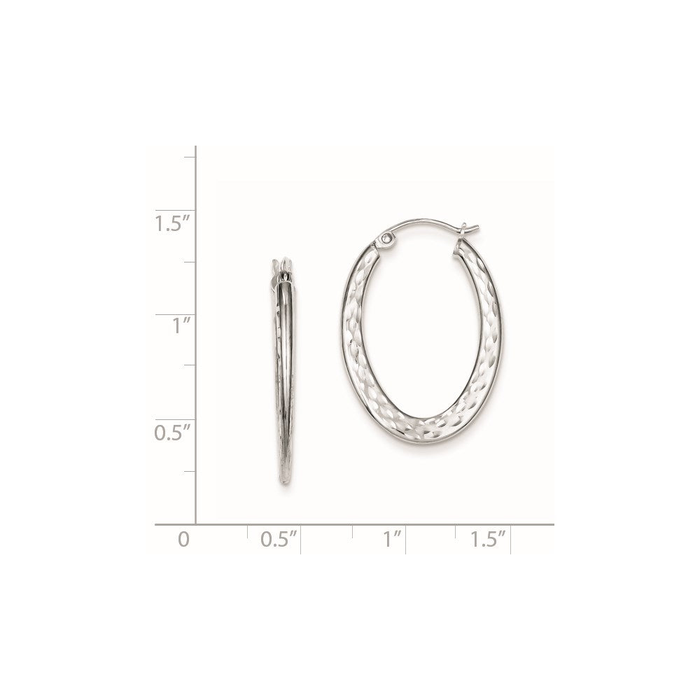 Sterling Silver Rhodium-Plated Diamond-Cut Oval Hoop Earrings