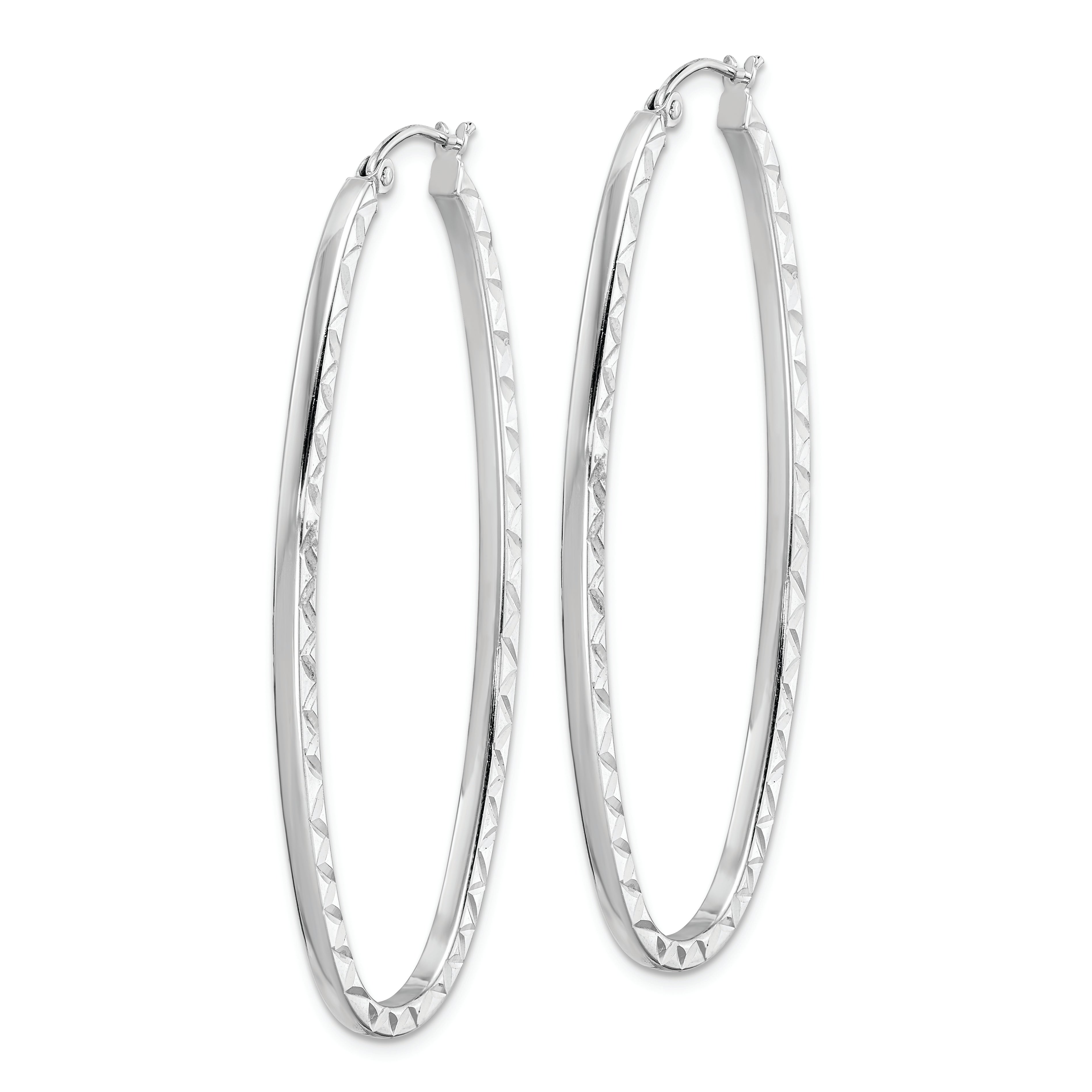 Sterling Silver Rhodium-Plated Diamond-Cut 2mm Oval Hoop Earrings