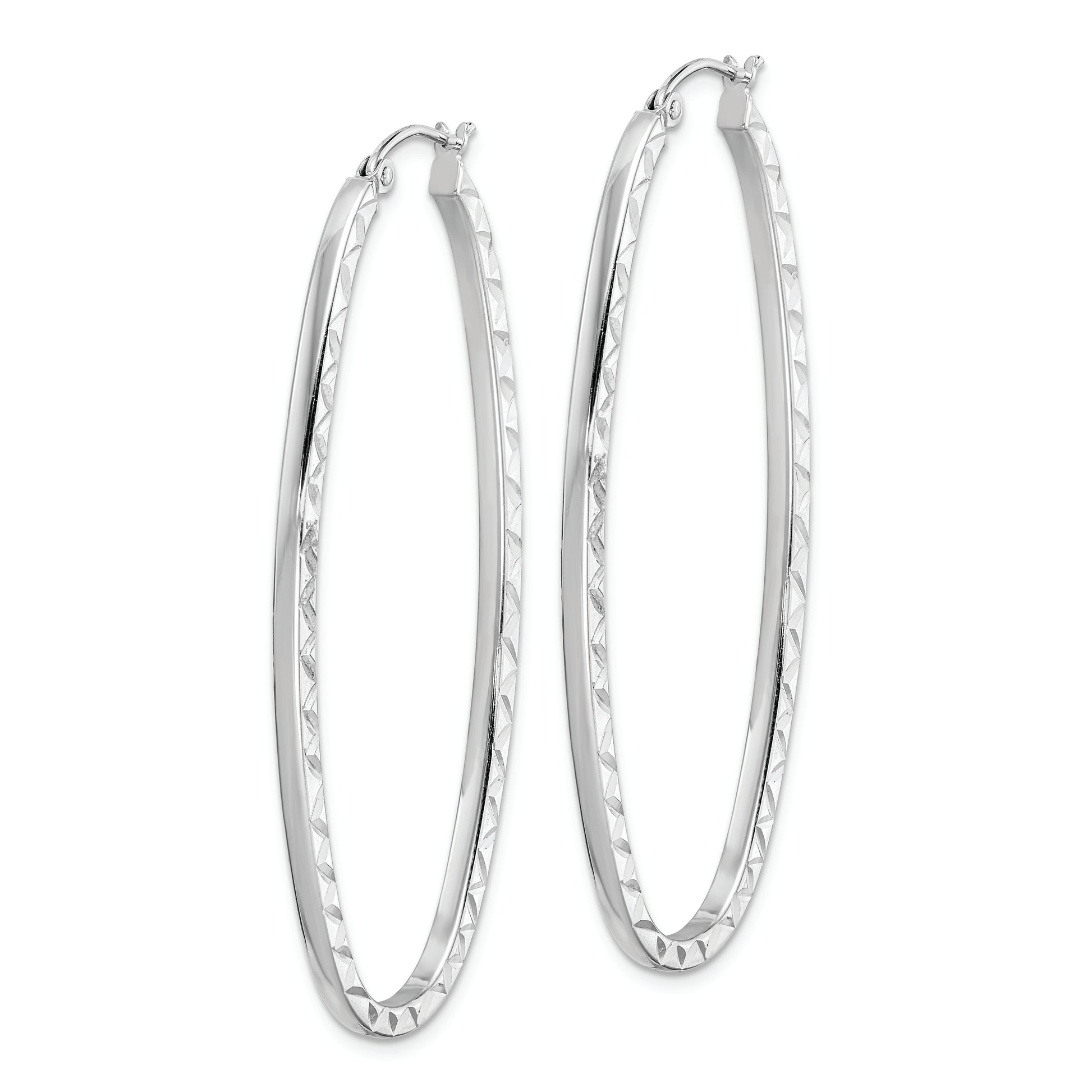 Sterling Silver Rhodium-Plated Diamond-Cut 2mm Oval Hoop Earrings