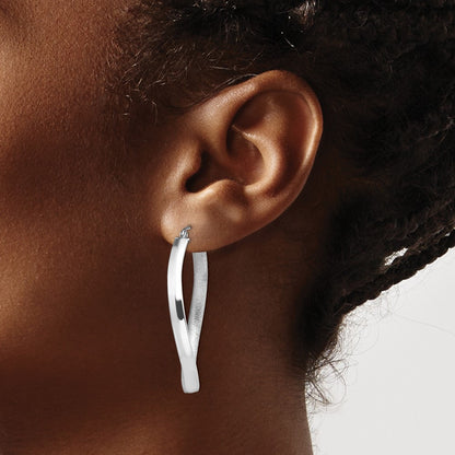 Sterling Silver Rh-Plated Polished/Satin Twisted Oval Hoop Earrings