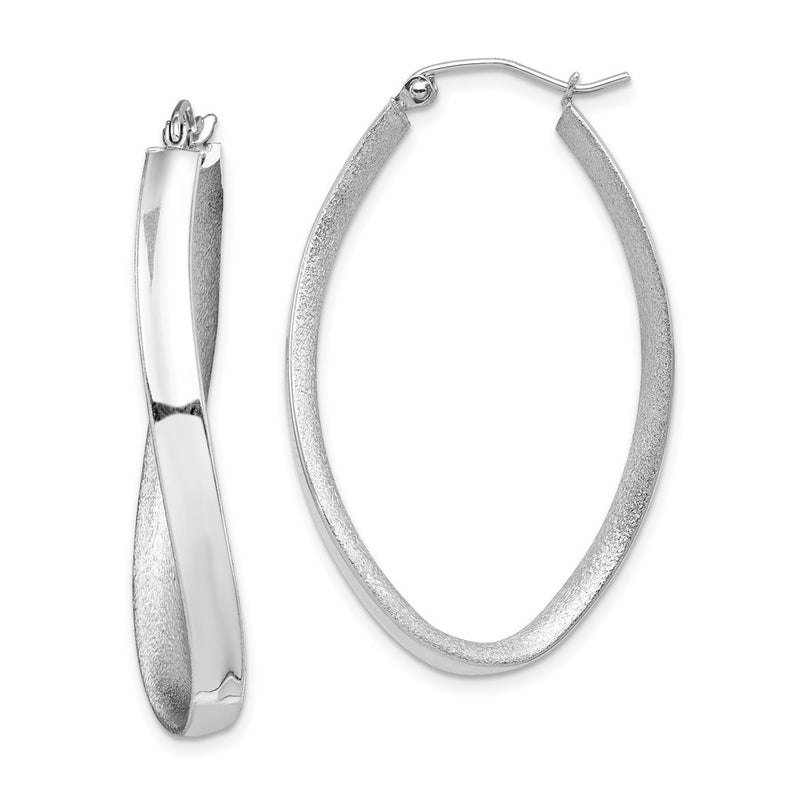 Sterling Silver Rh-Plated Polished/Satin Twisted Oval Hoop Earrings