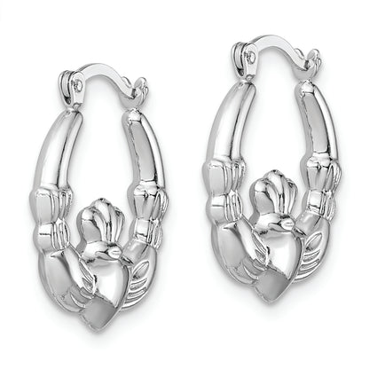 Sterling Silver Rhodium-Lated Claddagh Hollow Round Hoop Earrings