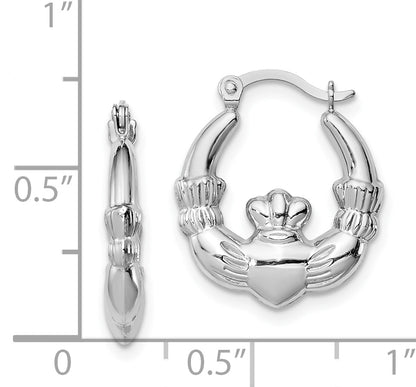 Sterling Silver Rhodium-Lated Claddagh Hollow Round Hoop Earrings