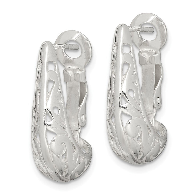 Sterling Silver Polished & Filigree Omega Back J-Hoop Earrings