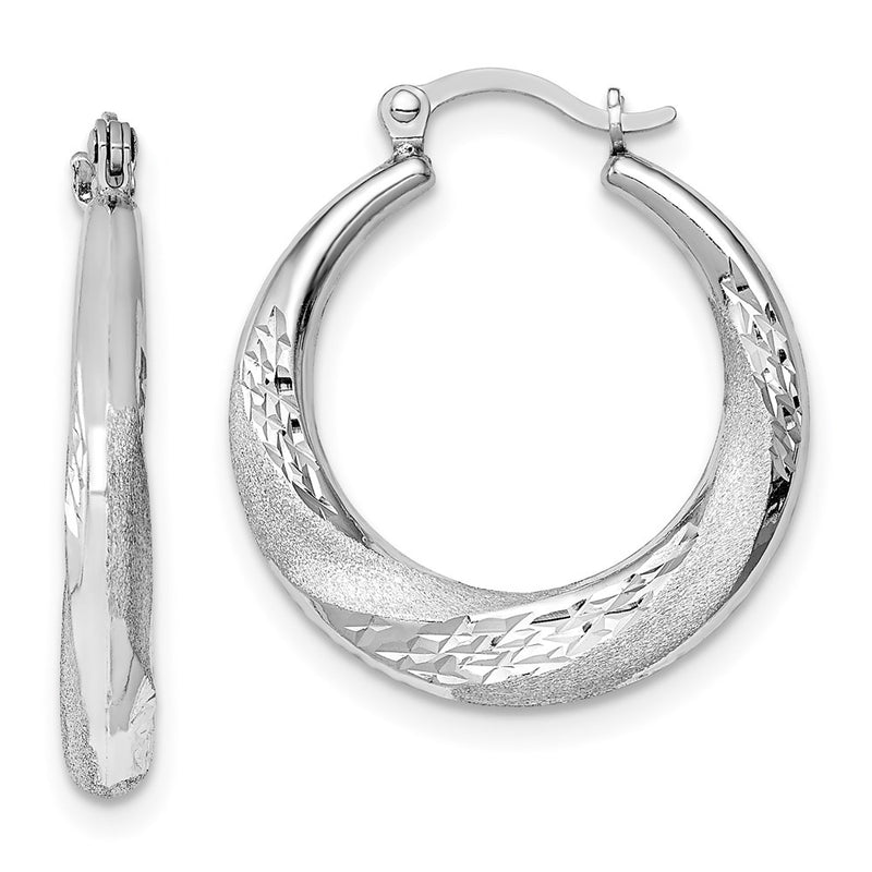 Sterling Silver Rh-Plated Brushed & D/C Scalloped Round Hoop Earrings