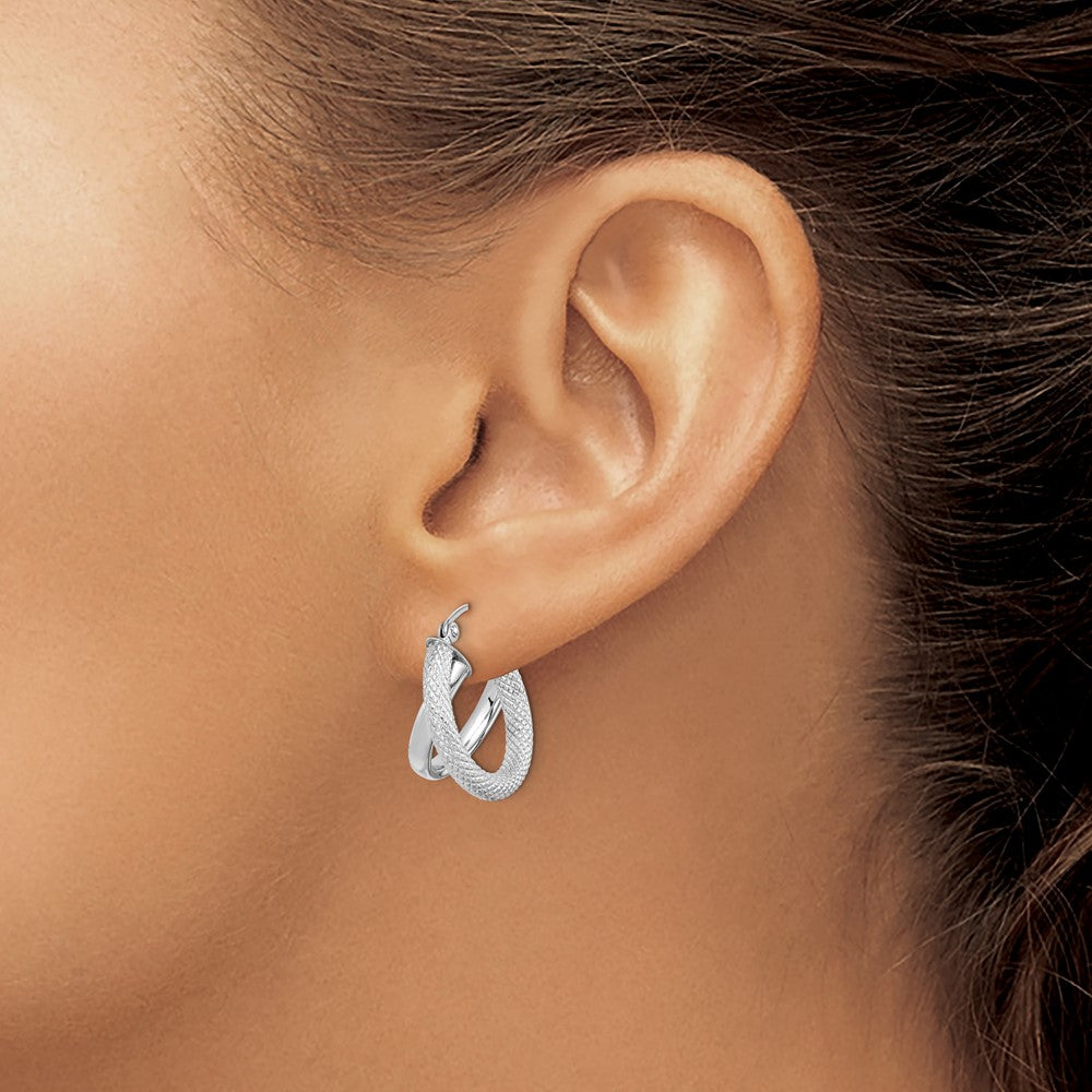 Sterling Silver Rhodium Plated Polished Diamond-Cut Hoop Earrings