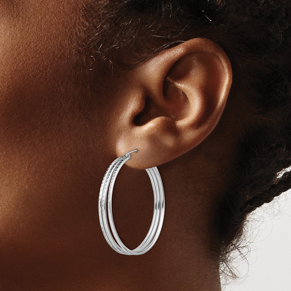 Sterling Silver Rhodium Plated Textured Fancy Hoop Earrings