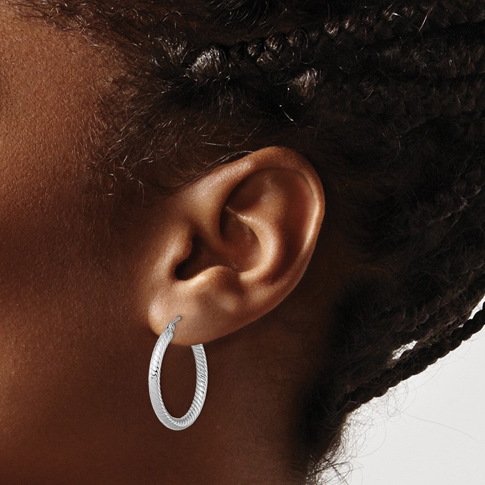 Sterling Silver Rhodium-Plated Textured 3.00mm Hoop Earrings