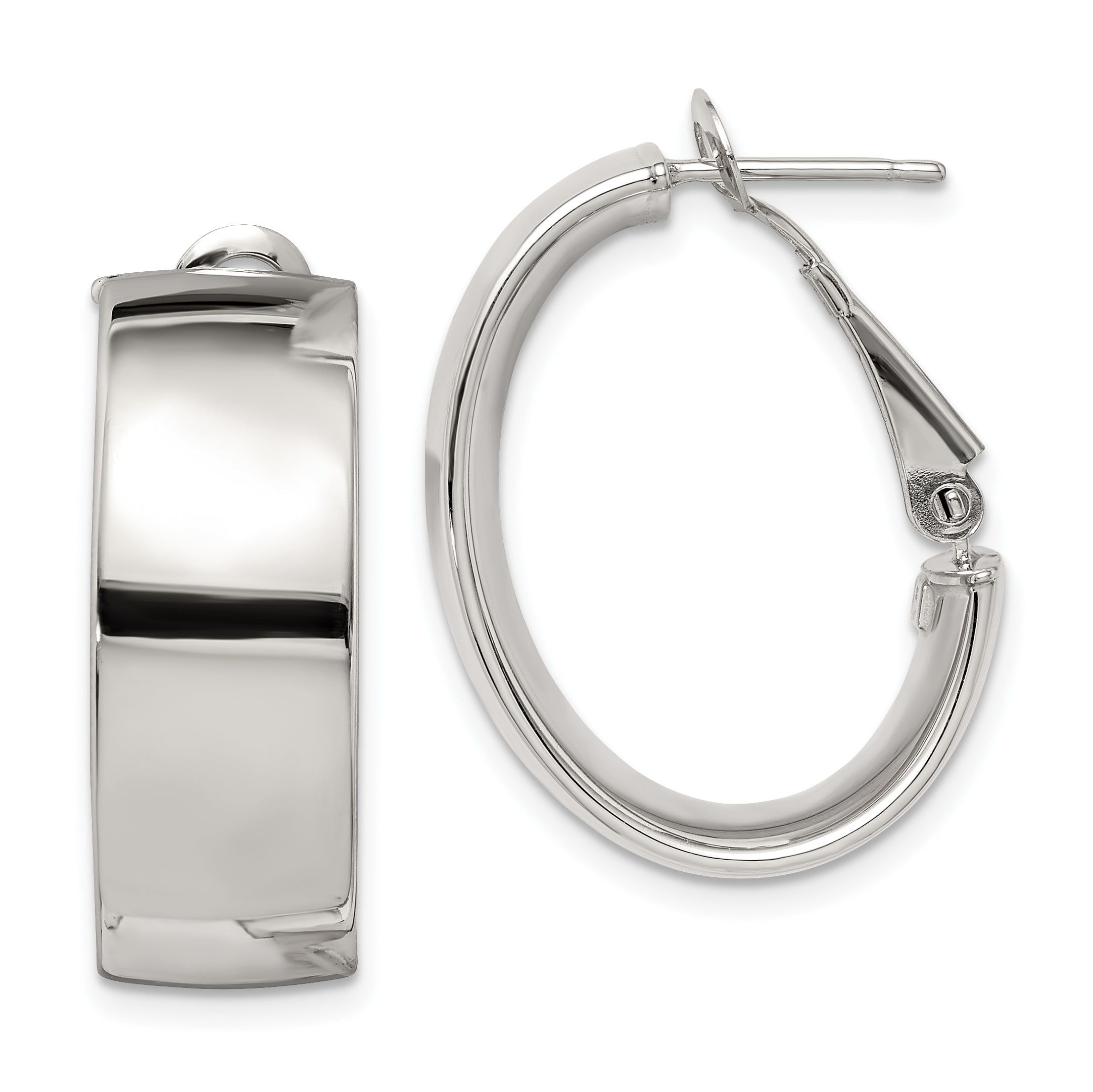 Sterling Silver Rhod-Pltd Polish 10mm Omega Back Oval Hoop Earrings