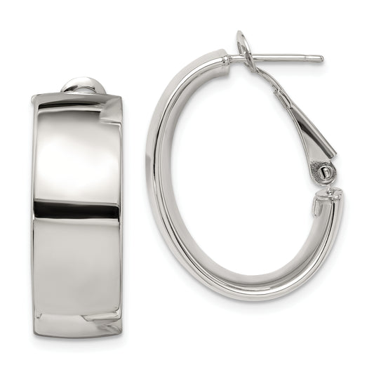 Sterling Silver Rhod-Pltd Polish 10mm Omega Back Oval Hoop Earrings