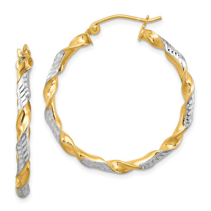Sterling Silver Rh-Plated Vermeil Diamond-Cut 3X30mm Twisted Hoop Earrings