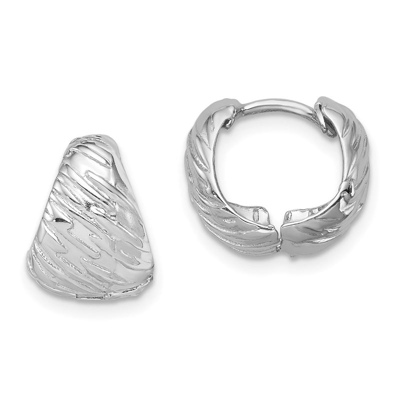 Sterling Silver Rhodium Polished Textured Hinged Hoop Earrings