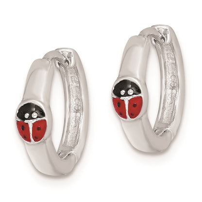 Sterling Silver Rh-Plated Enameled Ladybug Hinged Hoop Earrings