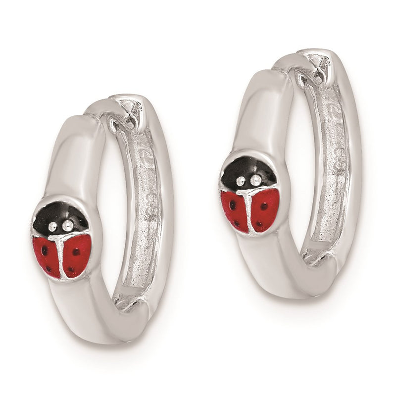 Sterling Silver Rh-Plated Enameled Ladybug Hinged Hoop Earrings