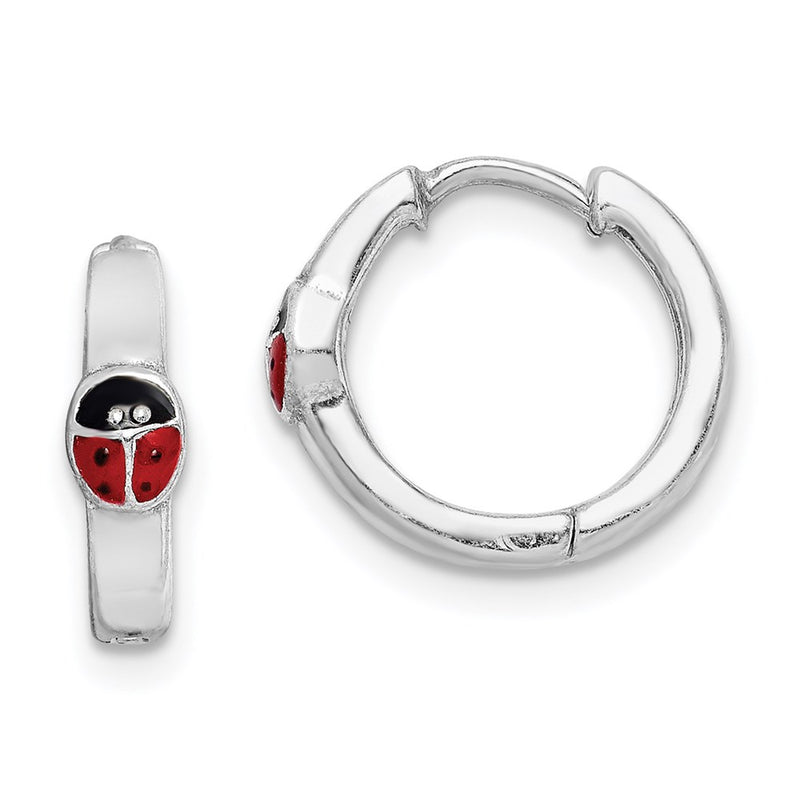 Sterling Silver Rh-Plated Enameled Ladybug Hinged Hoop Earrings