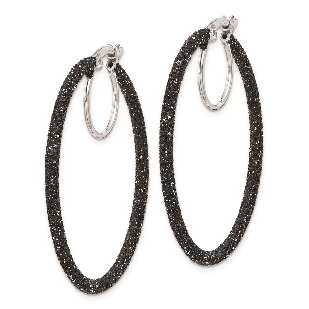 Sterling Silver Rhodium/Black Glitter Enamel 2X35mm Hoop Earrings