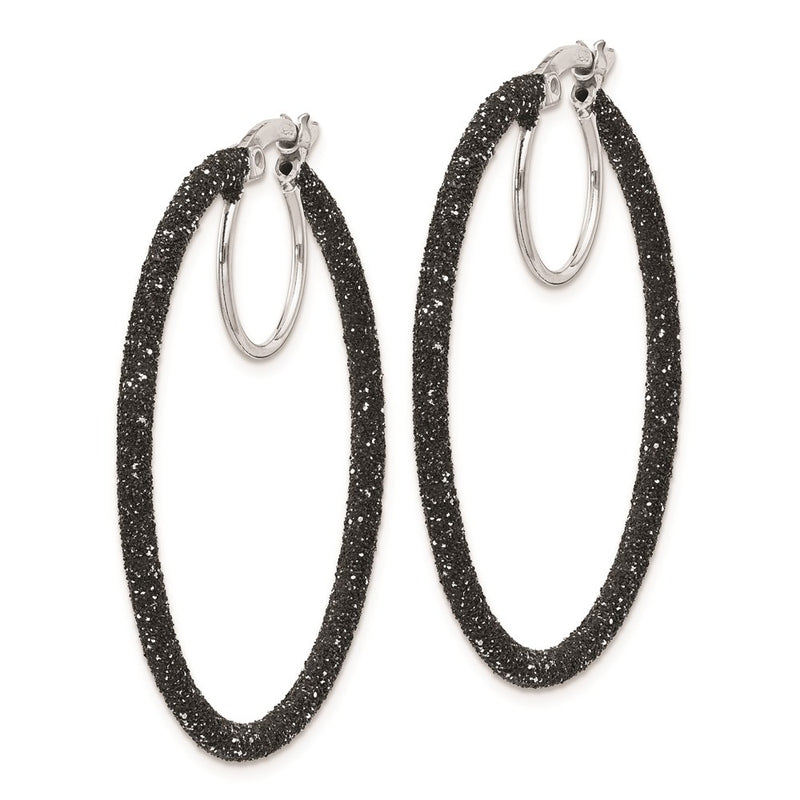 Sterling Silver Rhodium/Black Glitter Enamel 2X35mm Hoop Earrings