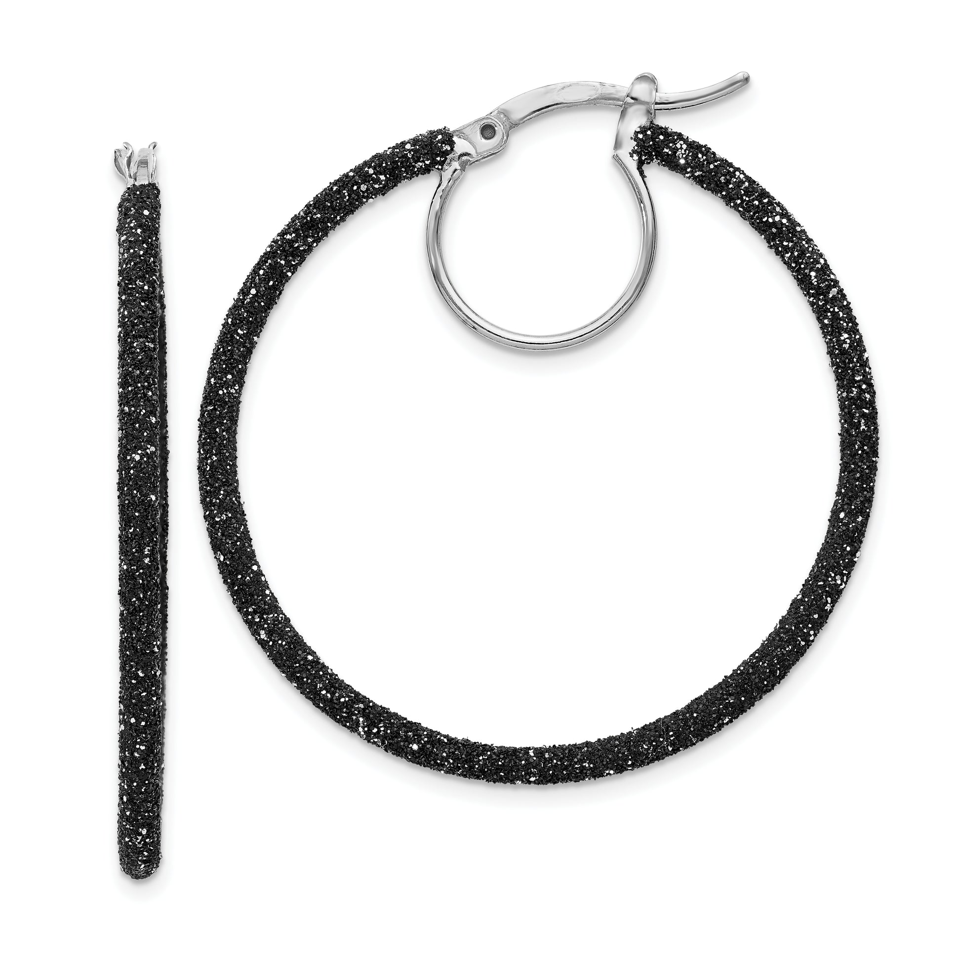 Sterling Silver Rhodium And Black Glitter Enamel Glitter Hoop Earrings
